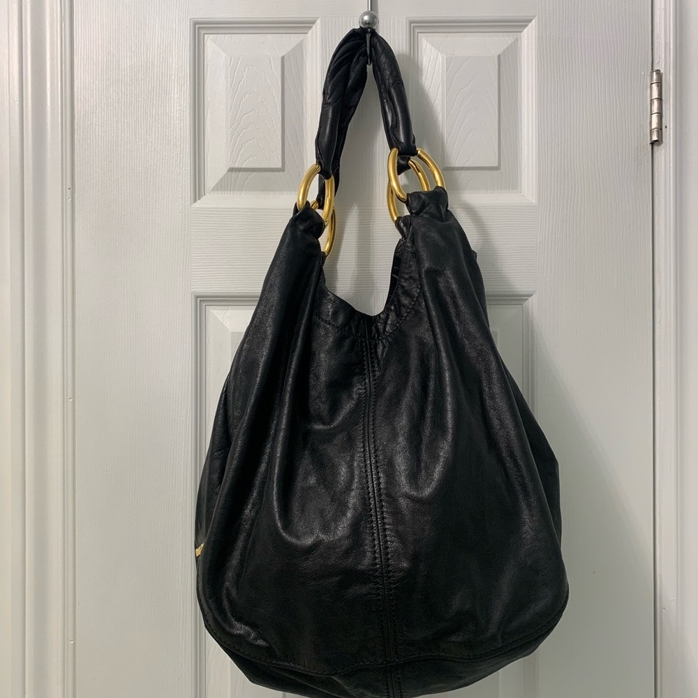 Miu Miu Black Leather Hobo Bag with Gold Tone Hardware